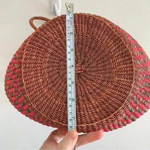 Jute Woven Colorful Rounded Bag Leather Straps Natural Grass Summer Beach - Picture 3 of 10